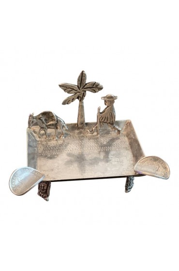 Home Decor | Antique Artisan Made 900 Coin Silver Palm Tree, Donkey, Figural Ashtray With 900 Silver Coin Holders on 4 Aztec Tribal Legs, Made in Columbia - HF81002