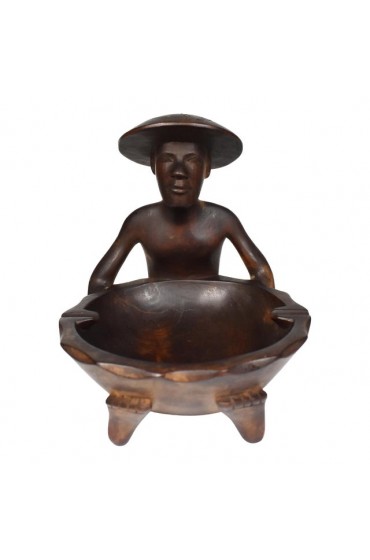 Home Decor | Mid 20th Century Hand Wood Carved Oriental Man Holding Bowl Ashtray - CT13068
