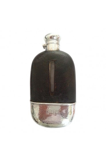Home Tableware & Barware | 1920s Art Deco English Hip Flask in Sterling Silver, Gold Wash, Leather & Hand Blown Glass - IC88530