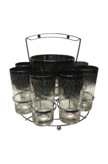 Home Tableware & Barware | 1960s Dorothy Thorpe Embossed Ombré’ Highball Glasses and Ice Bucket in a Bar Caddy - 10 Pc Set - VP19938