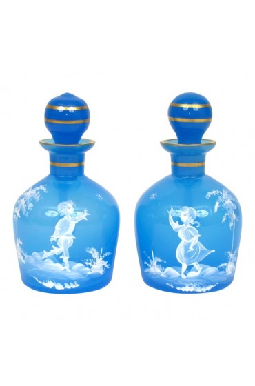 Home Tableware & Barware | Antique 1890s Mary Gregory Blue Glass Cruet Bottles Boy & Girl in Landscape - Set of 2 - DU98480