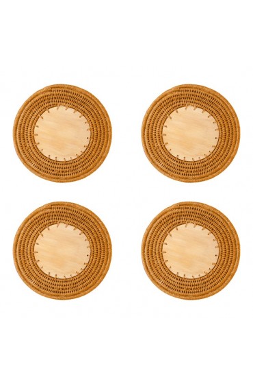 Home Tableware & Barware | Round Sisal & Wood Solid Coasters in Caramel - Set of 4 - YB44642