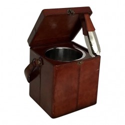 Home Tableware & Barware | 2000s Cow Hide Leather Hinged Ice Bucket and Tongs Carry Handle Locking - JR35089