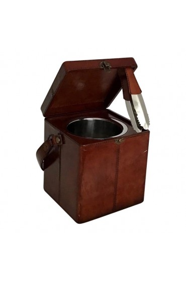 Home Tableware & Barware | 2000s Cow Hide Leather Hinged Ice Bucket and Tongs Carry Handle Locking - JR35089