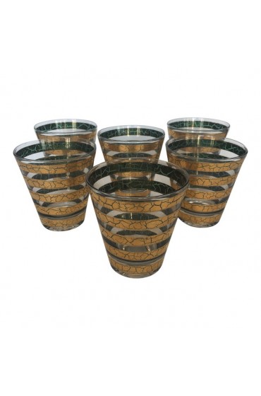 Home Tableware & Barware | 1960s Gold and Green Crackle Flared Lowball/ Cocktail Glasses - WZ86071