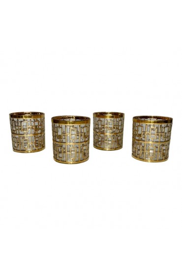 Home Tableware & Barware | 1960s Imperial Glass Co. Shoji Rocks Lowball Glasses Geometric Design 24k Gold - Set of 4 - OH40379