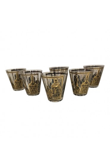 Home Tableware & Barware | 196os Mid Century Modern Culver Gold Bottle Patterned Whiskey Glasses - Set of 6 - FK12359
