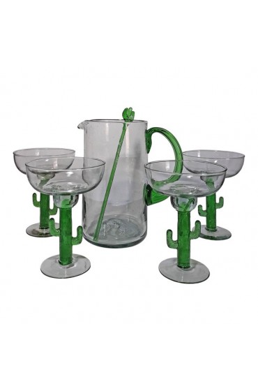 Home Tableware & Barware | Mexican Blown Glass Saguaro Cactus Margarita Glasses & Pitcher Set- 6 Pieces - UM86438