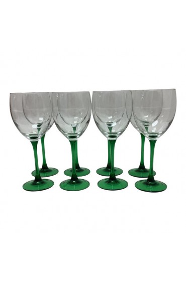Home Tableware & Barware | Mid-Century French Green Stem Cut to Clear Crystal Wine Glasses - Set of 8 - YB44420
