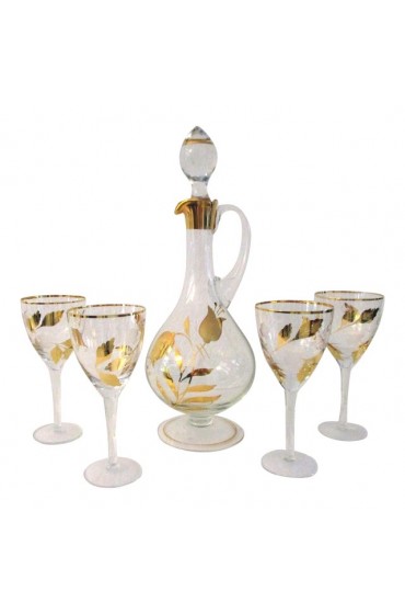 Home Tableware & Barware | Mid-Century Hungarian 22k Crystal Floral Decanter and Glasses, 5 Pcs - BE74171