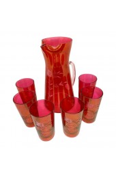 Home Tableware & Barware | Vintage Bohemian Czech Etched Pink Cranberry Glass Pitcher with Glasses- 7 Pieces - YU78022