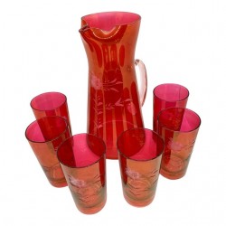 Home Tableware & Barware | Vintage Bohemian Czech Etched Pink Cranberry Glass Pitcher with Glasses- 7 Pieces - YU78022