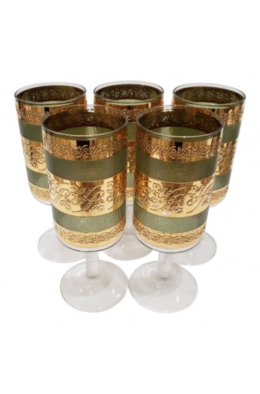 Home Tableware & Barware | Vintage Culver Green Glass & 22k Gold Gilded Stemmed Glasses - Set of 5 - GG10836