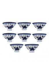 Home Tableware & Barware | Mid-Century Sometsuke Japanese White & Blue Footed Rice Bowls - Set of 8 - YE89636