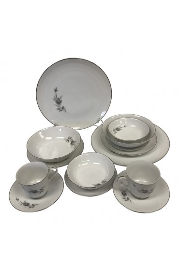 Home Tableware & Barware | Vintage Darien by Four Crown China Japan #656 Gray Rose Complete Dinner Place Setting - 14 Pieces - DF04844