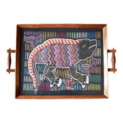Home Tableware & Barware | Colorful Hand Embroidered Textile Wood and Glass Tray With Lizard Motif - UG24715