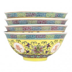 Home Tableware & Barware | Vintage Yellow Mun Shou Longevity Famille Rose Jingdezhen Rice Bowls- Set of 4 - CG48180