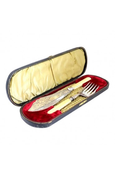 Home Tableware & Barware | Late 19th Century Cased English Victorian Silver, Silverplate Fish Serving Fork & Celluloid Knife - WG16236