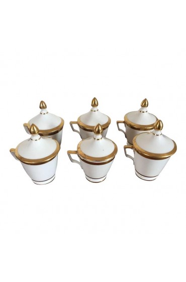 Home Tableware & Barware | 1800s French Empire Porcelain Pot de Creme Cups and Covers in White & Gold Bands - Set of 6 - NG15565