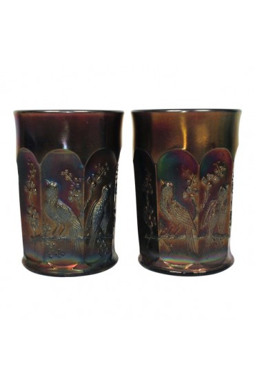 Home Tableware & Barware | 1910s Northwood Amethyst Carnival Glass Singing Birds Tumblers - a Pair - XJ01854
