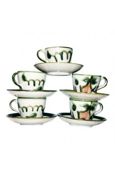 Home Tableware & Barware | 1950s John B Taylor Cups With Saucers in Harvest Fruit Pattern Stoneware - Set of 5 - FW88879