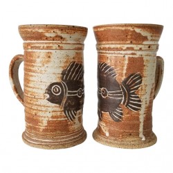 Home Tableware & Barware | 1990s Vintage Handmade Fish Motif Art Pottery Mugs - a Pair, Signed - MW17823