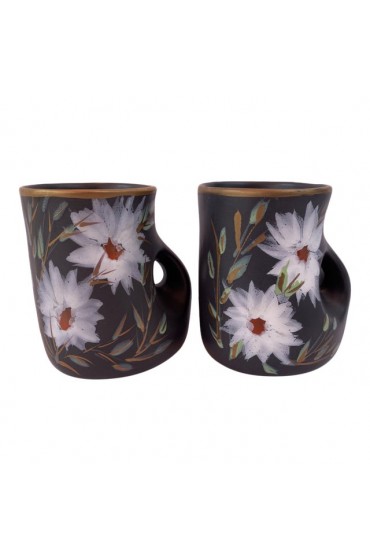 Home Tableware & Barware | Mid-Century Modern Terracotta Black Floral Mugs Signed Vallauris France - Set of 2 - OE14114