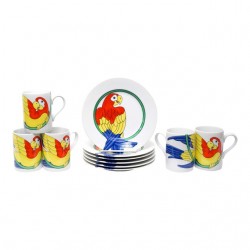 Home Tableware & Barware | Vintage Fitz and Floyd Parrot-In-Ring Dessert Plates and Coffee Mugs - a Set of 11 - WM99857