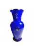 Home Decor | Bohemian Czech Hand Blown Cobalt Blue Hand Painted Moriage Textured Ruffle Top Vase - XJ39550