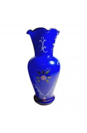 Home Decor | Bohemian Czech Hand Blown Cobalt Blue Hand Painted Moriage Textured Ruffle Top Vase - XJ39550