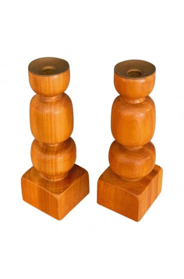 Home Decor | Mid-Century Hand Turned Pine Wood Candlesticks With Brass Inserts, a Pair - LD03420