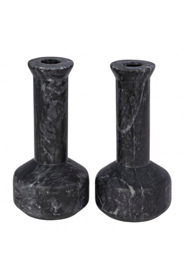 Home Decor | Milos Decorative Candle Holders in Black Marble - Set of 2 - VR48342