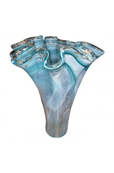 Home Decor | Murano Art Glass Handkerchief Stretch Vase, Teal Blue Crystal Edge With Gold Flakes - TQ45213