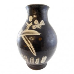 Home Decor | Studio Art Pottery Dark Brown Black Vase With Cream Accents Unsigned - QH16780