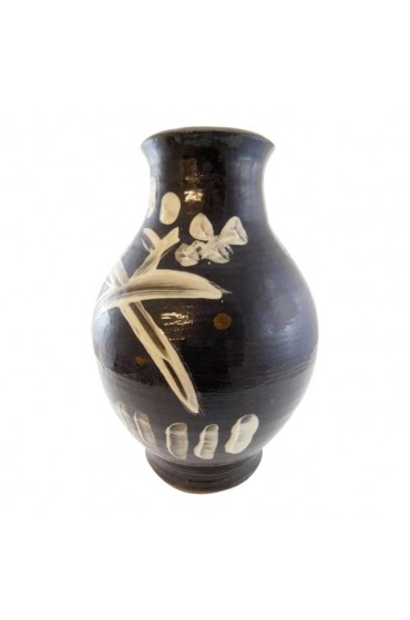Home Decor | Studio Art Pottery Dark Brown Black Vase With Cream Accents Unsigned - QH16780