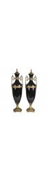 Home Decor | Tall Neoclassic Style Heavy Ceramic Black Colored Vases/Urns Mounted to Round Brass Bottoms Accented by Extended Brass Handles - A Pair - KD37386