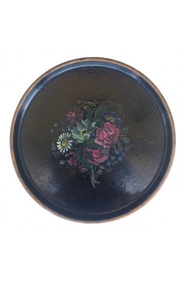 Home Tableware & Barware | 1920s Black Vintage Rustic Papier Mache Round Floral Tray - SG60771