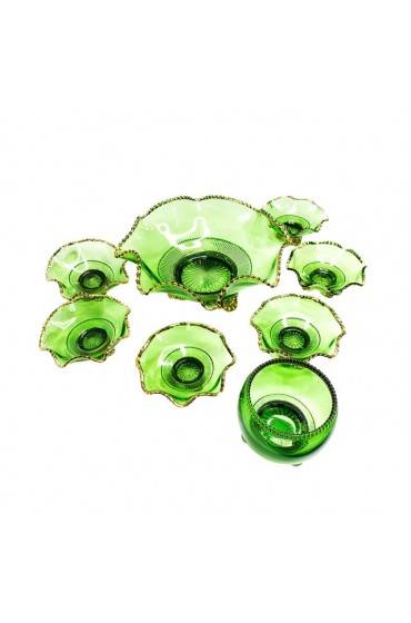 Home Tableware & Barware | Vintage Mid-Century Russian Green Hand Blown Glass & Gold Detailed Serving Bowl Set of 8 - YO61491
