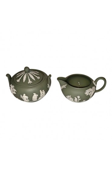 Home Tableware & Barware | 1950s Wedgwood Sage Green Jasperware Sugar Box & Creamer - 2 Pieces - AK93952