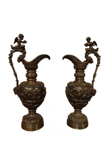 Home Tableware & Barware | 19th Century Antique French Patinated Bronze Ewers With Bacchanalian Scenes - a Pair - FK21853