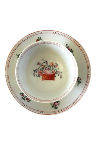 Home Tableware & Barware | Antique 18th Century Chinese Export Porcelain Famille Rose Flower Basket Teacup and Saucer - UB12445