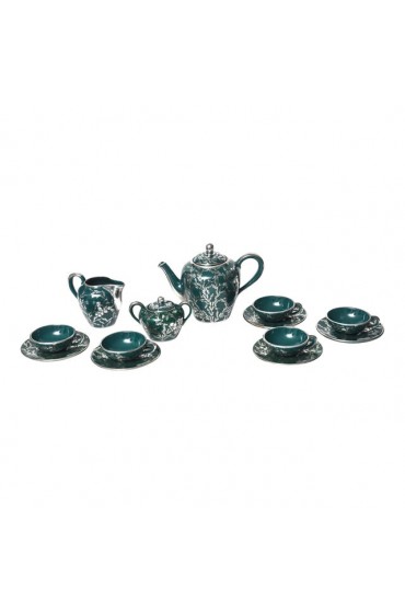 Home Tableware & Barware | Antique Art Nouveau Silver Overlay Green Porcelain Tea Set- 15 Pieces - XG61118