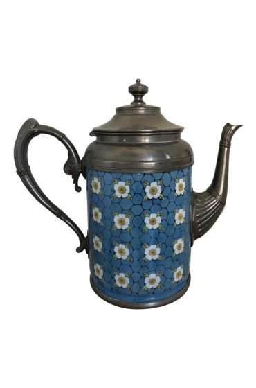 Home Tableware & Barware | Antique Pewter-Trimmed Blue & White Apple Blossom Graniteware Enamelware Teapot - DQ52731