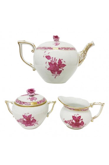 Home Tableware & Barware | Chinese Bouquet Raspberry Porcelain Tea Pot & Milk and Sugar Pots from Herend Hungary, Set of 3 - GN48414