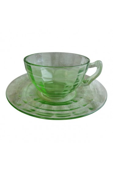 Home Tableware & Barware | Circa 1930s Anchor Hocking Vaseline Glass Block Optic Teacup & Saucer Set- 2 Pieces - UJ23515
