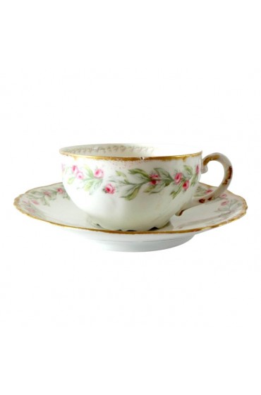 Home Tableware & Barware | Early 20th Century Vintage Limoges Pink Roses Gold Gilt Scalloped Porcelain Tea Cup and Saucer - UH68416