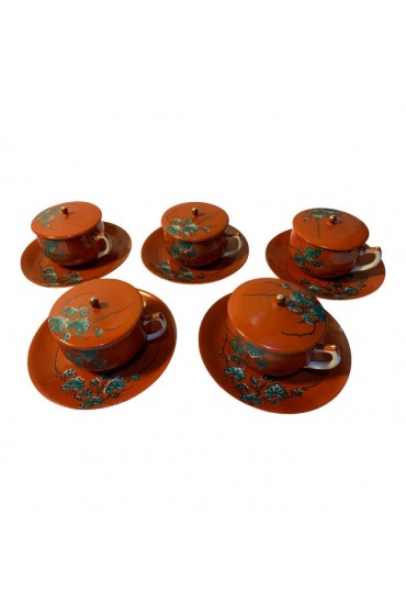 Home Tableware & Barware | Late 19th Century Antique Japanese Kutani Porcelain Hand Painted Covered Tea Cups W Lids and Saucers - Set of 5 - DX19351
