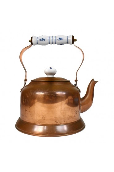 Home Tableware & Barware | Mid 20th Century Copper Tea Kettle With Blue & White Ceramic Handle - NF67475