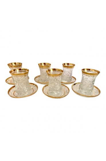 Home Tableware & Barware | Vintage Ottoman Hand-Cut & Pressed Turkish Tea Glasses & Saucers Set - 12 Pieces - EJ41222