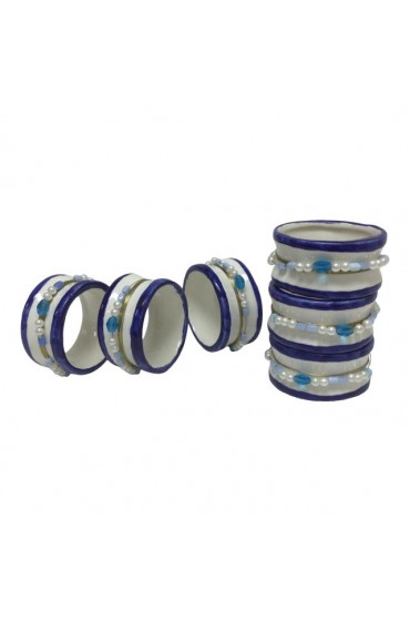 Home Tableware & Barware | Vintage Ceramic Blue and White Napkin Rings With Beads - 6 Pc Set - EI18129